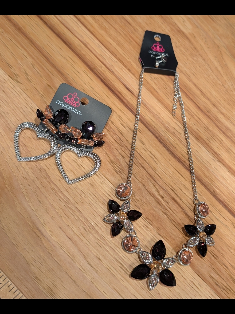Paparazzi Silvertone Pink And Deep Purple  Necklace & Heart Earrings Set